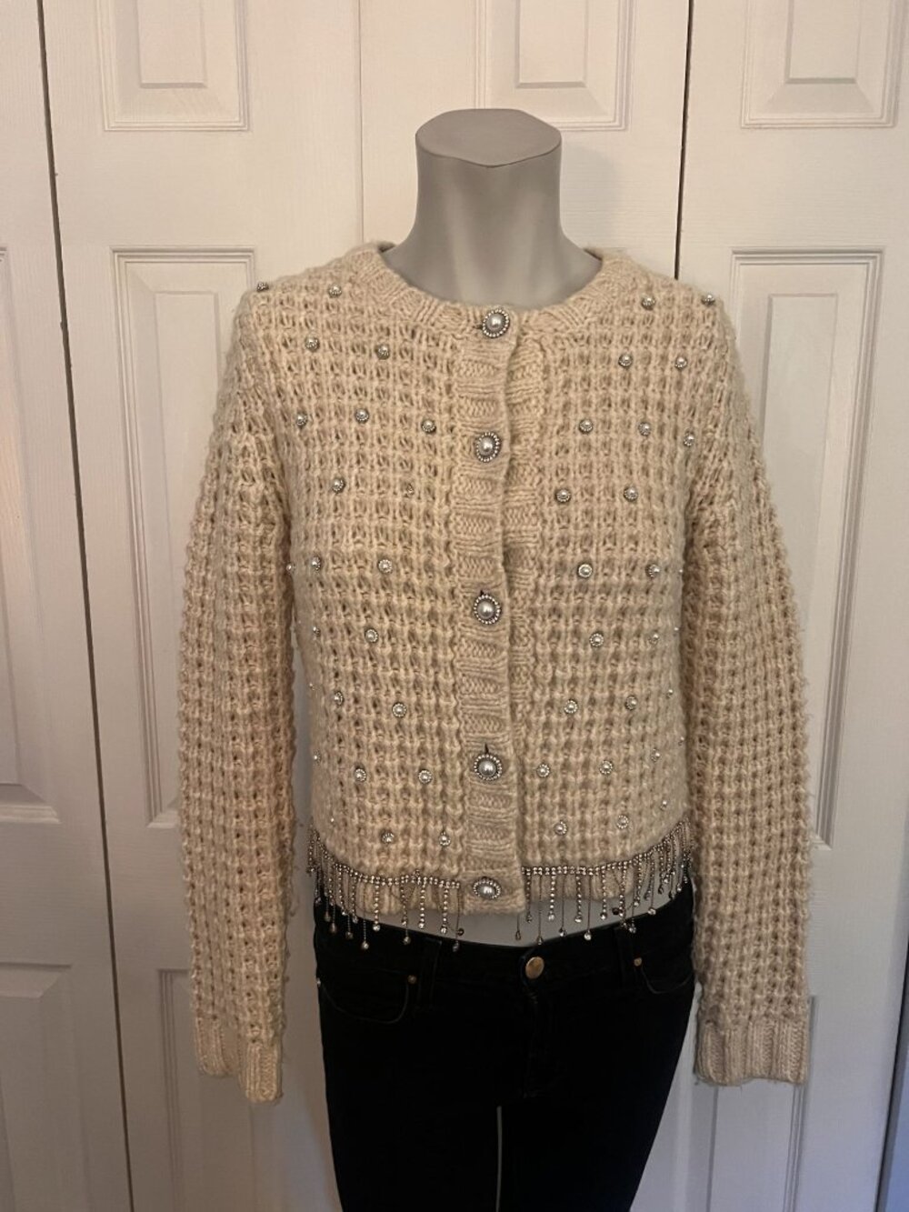 Zara Cream Pearl Embellished Chunky Knit Cardigan Size Small